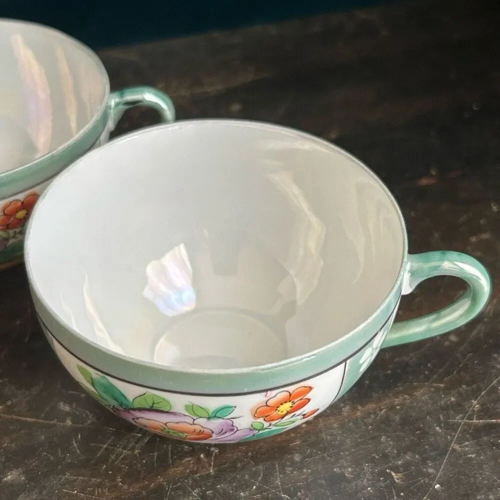 2 Vintage Hand Painted Lusterware Floral Tea Cups